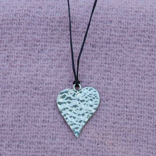 Hammered Heart Pendant Necklace, Handcast Pewter on Adjustable Waxed Cord
