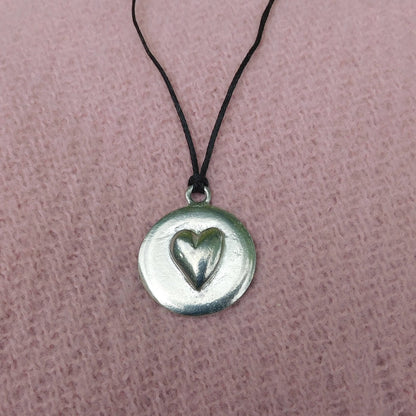 Heart Pendant Necklace, Raised Heart Design, Handcast Pewter on Adjustable Waxed Cord