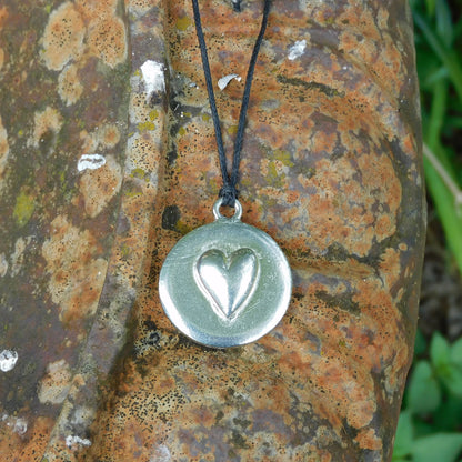 Heart Pendant Necklace, Raised Heart Design, Handcast Pewter on Adjustable Waxed Cord