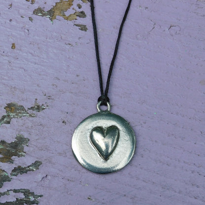 Heart Pendant Necklace, Raised Heart Design, Handcast Pewter on Adjustable Waxed Cord