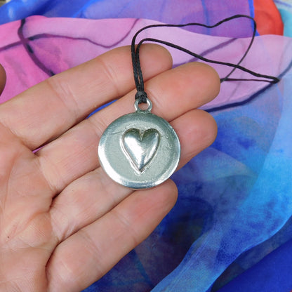 Heart Pendant Necklace, Raised Heart Design, Handcast Pewter on Adjustable Waxed Cord