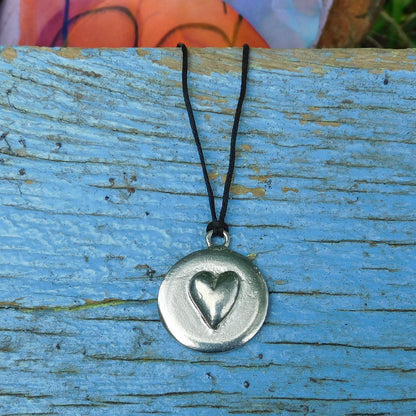 Heart Pendant Necklace, Raised Heart Design, Handcast Pewter on Adjustable Waxed Cord