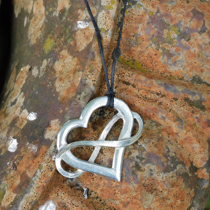 Infinity Heart Pendant Necklace (Large), Handcast Pewter Pendant on Adjustable Waxed Cord