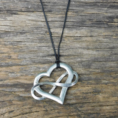 Infinity Heart Pendant Necklace (Large), Handcast Pewter Pendant on Adjustable Waxed Cord