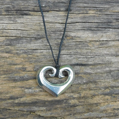 Koru Heart Pendant Necklace, Solid Heart Design with Spiral Detail, Handcast Pewter on Adjustable Cord