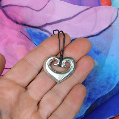 Koru Heart Pendant Necklace, Solid Heart Design with Spiral Detail, Handcast Pewter on Adjustable Cord