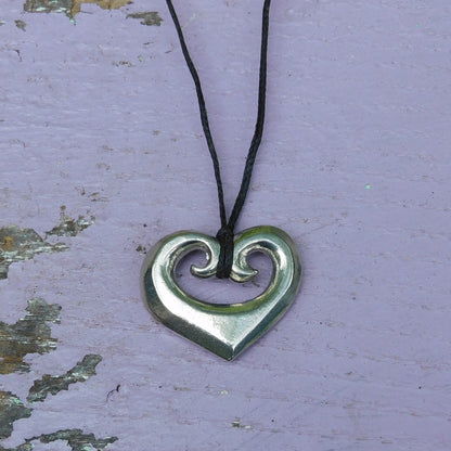 Koru Heart Pendant Necklace, Solid Heart Design with Spiral Detail, Handcast Pewter on Adjustable Cord