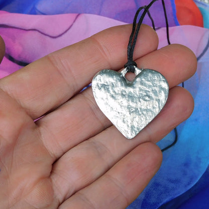 Heart Pendant Necklace (Textured Design), Handcast Pewter Pendant on Adjustable Waxed Cord