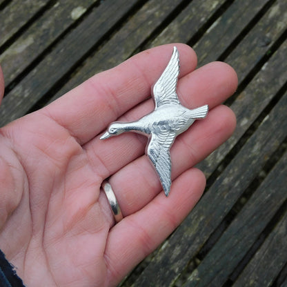 Flying Duck Brooch, Handcast Pewter Brooch, Polished Finish