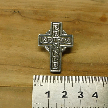 Celtic Cross Brooch (Engraved Knotwork Smaller), Handcast Pewter, Polished Finish