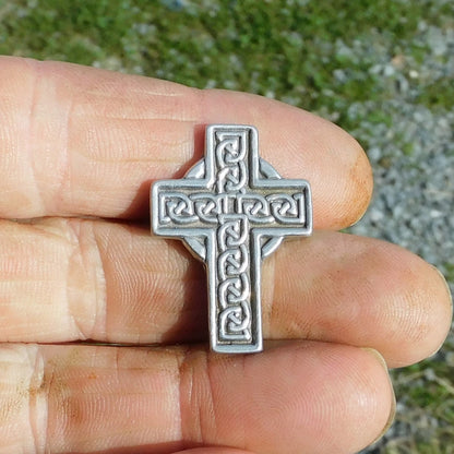 Celtic Cross Brooch (Engraved Knotwork Smaller), Handcast Pewter, Polished Finish