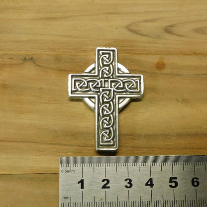 Celtic Cross Brooch (Engraved Knotwork, Larger), Handcast Pewter, Polished Finish