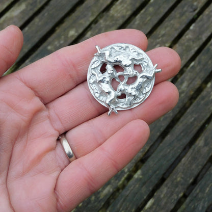 Three Hares Brooch (Victorian Style, Celtic Circle), Handcast Pewter, Polished Finish