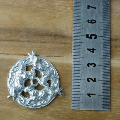 Three Hares Brooch (Victorian Style, Celtic Circle), Handcast Pewter, Polished Finish