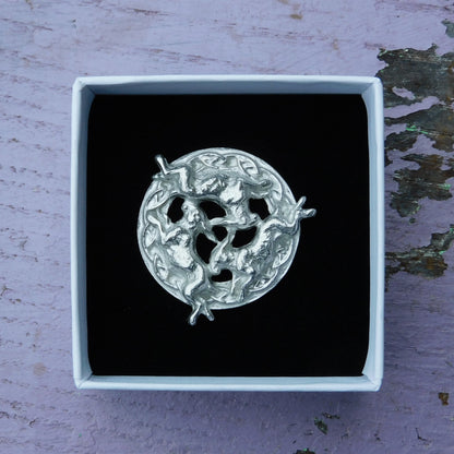 Three Hares Brooch (Victorian Style, Celtic Circle), Handcast Pewter, Polished Finish