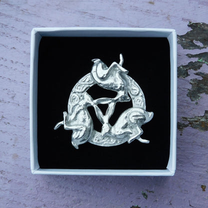 Three Hares Brooch (Clockwise, Celtic Circle), Handcast Pewter, Polished Finish