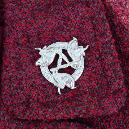 Three Hares Brooch (Clockwise, Celtic Circle), Handcast Pewter, Polished Finish