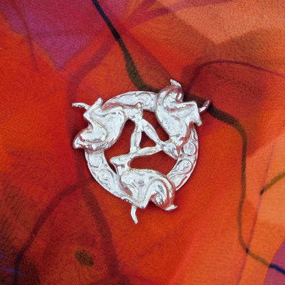 Three Hares Brooch (Clockwise, Celtic Circle), Handcast Pewter, Polished Finish
