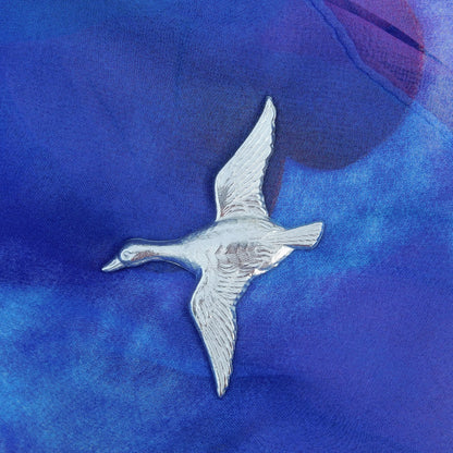 Flying Duck Brooch, Handcast Pewter Brooch, Polished Finish