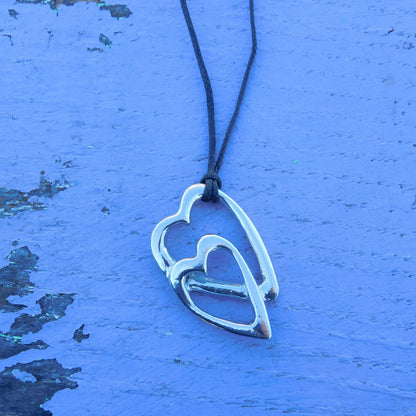 Double Heart Pendant Necklace, Handcast Pewter on Adjustable Waxed Cord