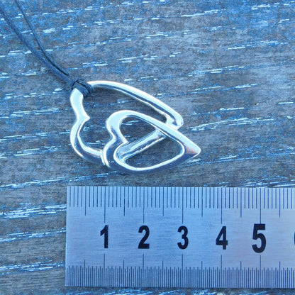 Double Heart Pendant Necklace, Handcast Pewter on Adjustable Waxed Cord