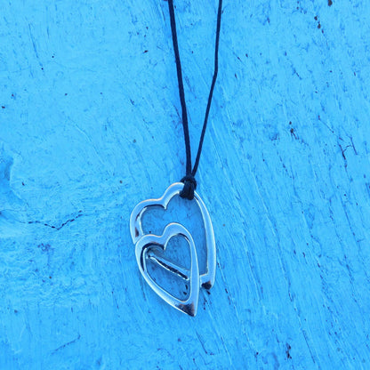 Double Heart Pendant Necklace, Handcast Pewter on Adjustable Waxed Cord