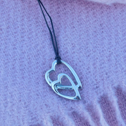 Double Heart Pendant Necklace, Handcast Pewter on Adjustable Waxed Cord