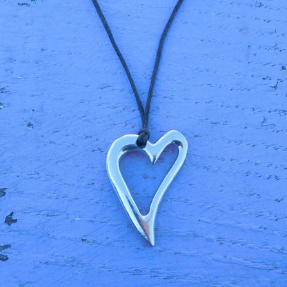Heart Pendant Necklace, Open Heart Design, Handcast Pewter on Adjustable Waxed Cord