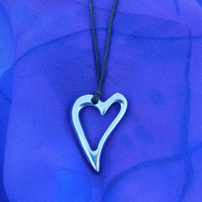 Heart Pendant Necklace, Open Heart Design, Handcast Pewter on Adjustable Waxed Cord