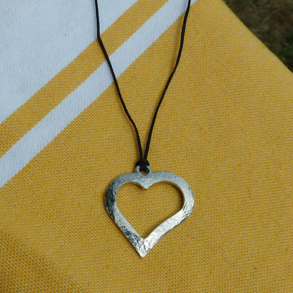 Open Heart Pendant Necklace, Hammered Curved Design, Handcast Pewter on Adjustable Waxed Cord