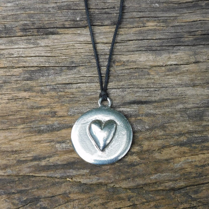 Heart Pendant Necklace, Raised Heart Design, Handcast Pewter on Adjustable Waxed Cord