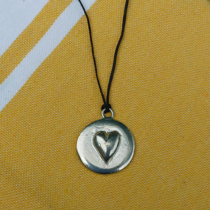 Heart Pendant Necklace, Raised Heart Design, Handcast Pewter on Adjustable Waxed Cord