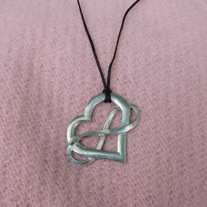 Infinity Heart Pendant Necklace (Large), Handcast Pewter Pendant on Adjustable Waxed Cord