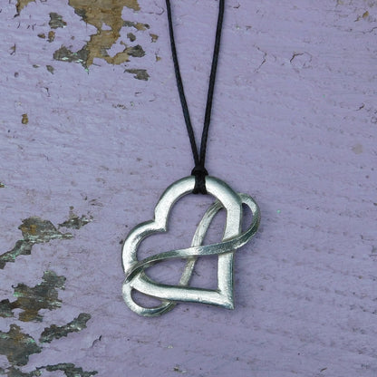 Infinity Heart Pendant Necklace (Large), Handcast Pewter Pendant on Adjustable Waxed Cord