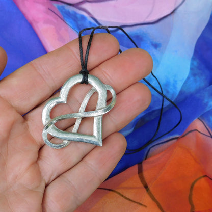 Infinity Heart Pendant Necklace (Large), Handcast Pewter Pendant on Adjustable Waxed Cord