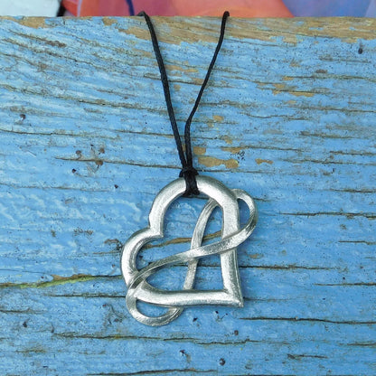 Infinity Heart Pendant Necklace (Large), Handcast Pewter Pendant on Adjustable Waxed Cord