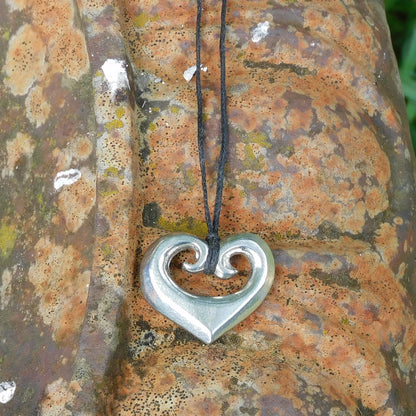 Koru Heart Pendant Necklace, Solid Heart Design with Spiral Detail, Handcast Pewter on Adjustable Cord