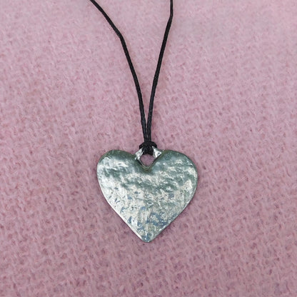 Heart Pendant Necklace (Textured Design), Handcast Pewter Pendant on Adjustable Waxed Cord
