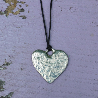 Heart Pendant Necklace (Textured Design), Handcast Pewter Pendant on Adjustable Waxed Cord
