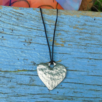 Heart Pendant Necklace (Textured Design), Handcast Pewter Pendant on Adjustable Waxed Cord