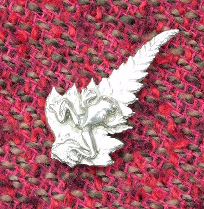 Frog on Leaf Brooch, Handcast Pewter Brooch, Polished Finish