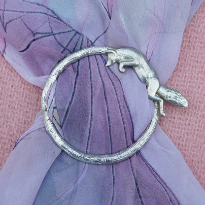 Leaping Fox Scarf Ring, Oak Twig Circle, Handcast Pewter, Polished Finish