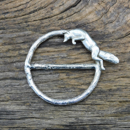 Leaping Fox Scarf Ring, Oak Twig Circle, Handcast Pewter, Polished Finish