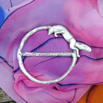 Leaping Fox Scarf Ring, Oak Twig Circle, Handcast Pewter, Polished Finish