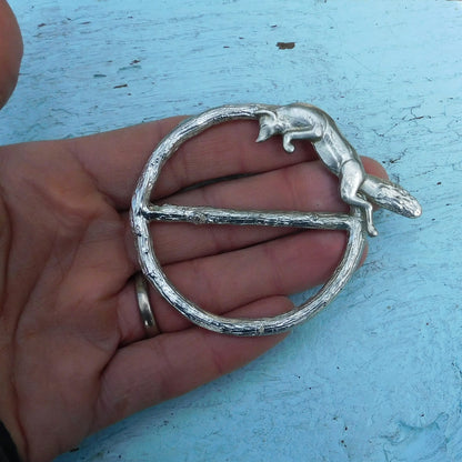 Leaping Fox Scarf Ring, Oak Twig Circle, Handcast Pewter, Polished Finish