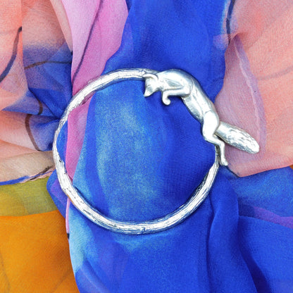 Leaping Fox Scarf Ring, Oak Twig Circle, Handcast Pewter, Polished Finish