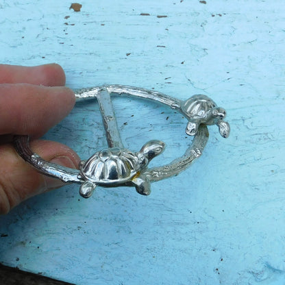 Two Tortoises Scarf Ring, Oak Twig Circle, Handcast Pewter, Polished Finish