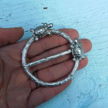 Two Tortoises Scarf Ring, Oak Twig Circle, Handcast Pewter, Polished Finish