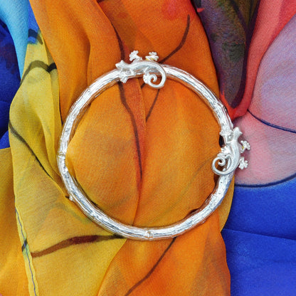 Two Lizard Scarf Ring, Oak Twig Circle, Handcast Pewter, Polished Finish
