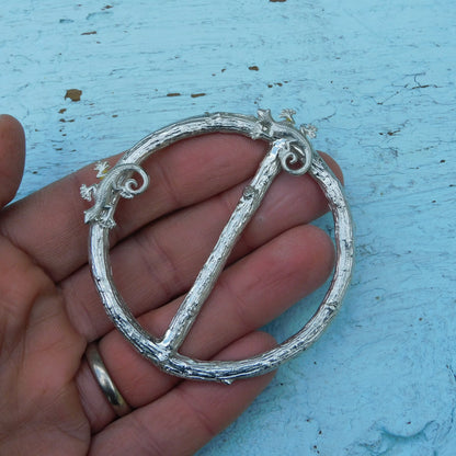 Two Lizard Scarf Ring, Oak Twig Circle, Handcast Pewter, Polished Finish